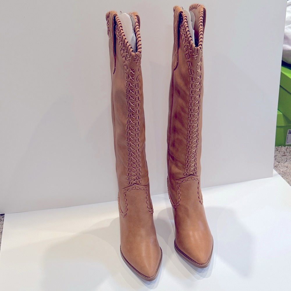 Tall Tan Leather Knee-High Boots with Decorative Stitching